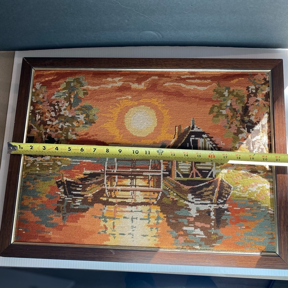 Vintage Framed Croatian  Needlepoint  Unitas Zagreb - Boats  Waterwheel Sunset - Picture 8 of 12